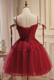 Burgundy Lace Short A-line Prom Dress, Cute Spaghetti Strap Party Dress HZ1024