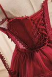 Burgundy Lace Short A-line Prom Dress, Cute Spaghetti Strap Party Dress HZ1024