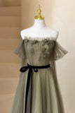 A-Line Tulle Long Prom Dress, Off the Shoulder Formal Evening Dress HZ1024