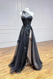 Black Tulle Lace Long Prom Dress, One Shoulder Evening Dress with Slit HZ1024