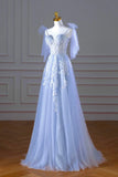 Blue Spaghetti Strap Tulle Lace Long Prom Dress, A-Line Evening Party Dress HZ1024