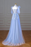 Blue Spaghetti Strap Tulle Lace Long Prom Dress, A-Line Evening Party Dress HZ1024