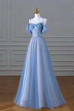 Blue Spaghetti Strap Tulle Floor Length Prom Dress, A-Line Evening Dress HZ1024