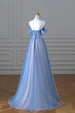 Blue Spaghetti Strap Tulle Floor Length Prom Dress, A-Line Evening Dress HZ1024
