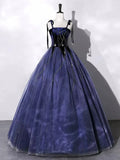 Blue Velvet Tulle Long Prom Dress, A-Line Evening Party Dress HZ1024