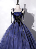 Blue Velvet Tulle Long Prom Dress, A-Line Evening Party Dress HZ1024