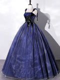 Blue Velvet Tulle Long Prom Dress, A-Line Evening Party Dress HZ1024