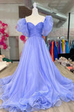 A-Line Organza Long Prom Dress, Lovely Puff Sleeve Evening Dress HZ1024