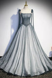 Gray Spaghetti Straps Long A-Line Prom Dress, Gray Evening Dress with Beaded HZ1024