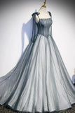 Gray Spaghetti Straps Long A-Line Prom Dress, Gray Evening Dress with Beaded HZ1024