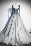 Gray Spaghetti Straps Long A-Line Prom Dress, Gray Evening Dress with Beaded HZ1024
