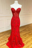 Red Strapless Lace Long Prom Dress, Mermaid Evening Dress HZ1024