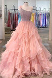 Pink Organza Beaded Long Formal Dress, A-Line One Shoulder Evening Dress HZ1024
