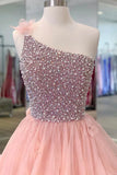 Pink Organza Beaded Long Formal Dress, A-Line One Shoulder Evening Dress HZ1024
