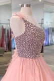 Pink Organza Beaded Long Formal Dress, A-Line One Shoulder Evening Dress HZ1024