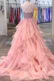 Pink Organza Beaded Long Formal Dress, A-Line One Shoulder Evening Dress HZ1024