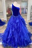 Blue Velvet Tulle One Shoulder Prom Dress, Blue Floor Length Evening Dress HZ1024