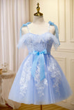 Blue Lace Knee Length Prom Dress, Lovely A-Line Homecoming Dress HZ1024