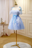 Blue Lace Knee Length Prom Dress, Lovely A-Line Homecoming Dress HZ1024