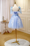 Blue Lace Knee Length Prom Dress, Lovely A-Line Homecoming Dress HZ1024