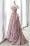 Pink Tulle Long A-line Prom Dress, Lovely Off the Shoulder Evening Dress HZ1024