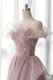 Pink Tulle Long A-line Prom Dress, Lovely Off the Shoulder Evening Dress HZ1024