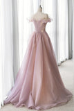Pink Tulle Long A-line Prom Dress, Lovely Off the Shoulder Evening Dress HZ1024