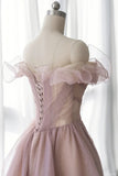 Pink Tulle Long A-line Prom Dress, Lovely Off the Shoulder Evening Dress HZ1024