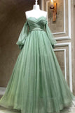 Green Tulle Long Sleeve Prom Dress, A-Line Off the Shoulder Evening Dress HZ1024