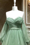 Green Tulle Long Sleeve Prom Dress, A-Line Off the Shoulder Evening Dress HZ1024