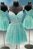 A-Line Tulle Lace Short Prom Dress, Cute Spaghetti Strap Party Dress HZ1024