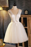 Champagne V-Neck Tulle Short Prom Dress, A-Line Evening Party Dress HZ1024