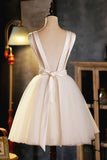 Champagne V-Neck Tulle Short Prom Dress, A-Line Evening Party Dress HZ1024