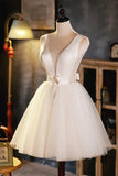 Champagne V-Neck Tulle Short Prom Dress, A-Line Evening Party Dress HZ1024