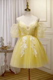 Yellow Lace Short Prom Dress, Off the Shoulder Homecoming Dress HZ1024