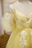 Yellow Lace Short Prom Dress, Off the Shoulder Homecoming Dress HZ1024