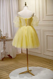Yellow Lace Short Prom Dress, Off the Shoulder Homecoming Dress HZ1024
