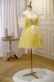 Yellow Lace Short Prom Dress, Off the Shoulder Homecoming Dress HZ1024