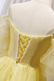 Yellow Lace Short Prom Dress, Off the Shoulder Homecoming Dress HZ1024
