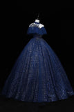 Blue Tulle Sequins Long Ball Gown, Elegant A-Line Formal Gown HZ1024