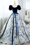 Blue Short Sleeve A-Line Floor Length Prom Dress, Blue Evening Dress HZ1024