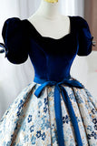 Blue Short Sleeve A-Line Floor Length Prom Dress, Blue Evening Dress HZ1024