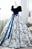 Blue Short Sleeve A-Line Floor Length Prom Dress, Blue Evening Dress HZ1024