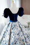 Blue Short Sleeve A-Line Floor Length Prom Dress, Blue Evening Dress HZ1024
