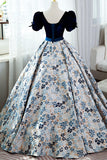 Blue Short Sleeve A-Line Floor Length Prom Dress, Blue Evening Dress HZ1024