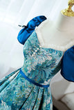 Blue Printed Long A-Line Prom Dress, Elegant Short Sleeve Formal Dress HZ1024