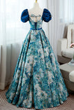Blue Printed Long A-Line Prom Dress, Elegant Short Sleeve Formal Dress HZ1024