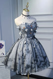 Gray Short Strapless Tulle Prom Dress, Cute A-Line Party Dress HZ1024