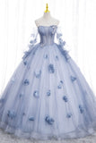 Blue Tulle Long Sleeve Prom Dress, A-Line Off the Shoulder Evening Gown HZ1024