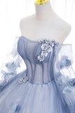 Blue Tulle Long Sleeve Prom Dress, A-Line Off the Shoulder Evening Gown HZ1024